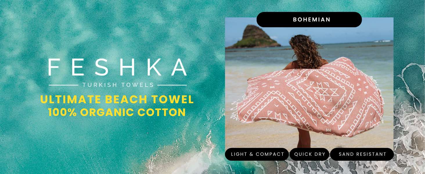 Feshka Turkish Towels - 100% organic cotton beach towel, lightweight, quick-dry &amp; sand-resistant.