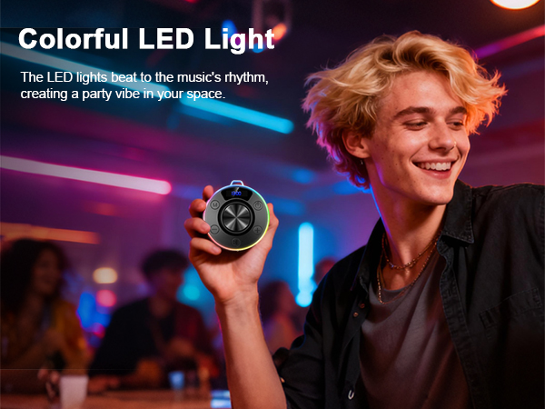 Text reads 'Colorful LED Light'. Person holding a cylindrical device with LED lights in nightclub setting with purple and blue light streaks in background.