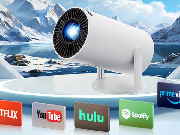 White cylindrical device with glowing blue lens, positioned on stand. Below, logos for streaming services Netflix, YouTube, Hulu, Spotify, and Prime Video are displayed.