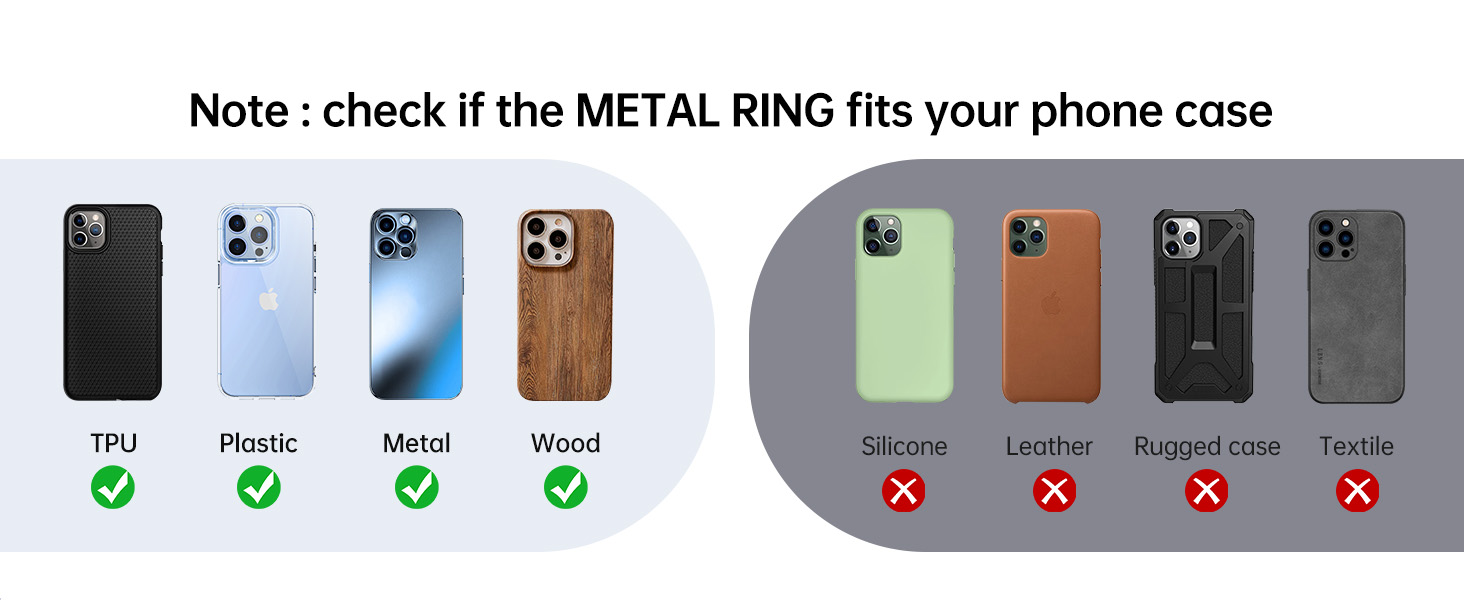 Text reads 'Image 3', 'Note: check if the METAL RING fits your phone case', 'TPU', 'Plastic', 'Metal', 'Wood', 'Si-cone', 'Leather', 'Rugged case', 'Textile'. Compatibility chart showing phone cases with checkmarks and X marks.