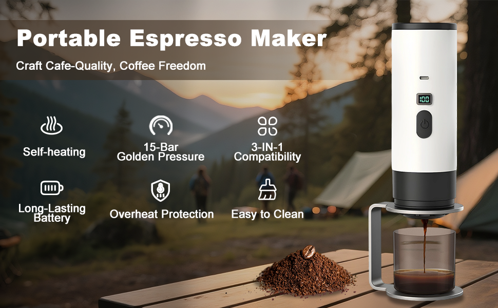 Portable Espresso Maker has many functions, for example self-heating, overheat protection...