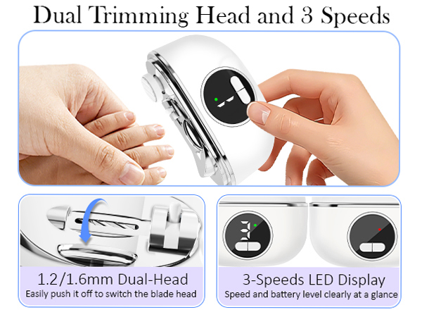 Automatic fingernail clipper with dual trimming head and 3 speeds