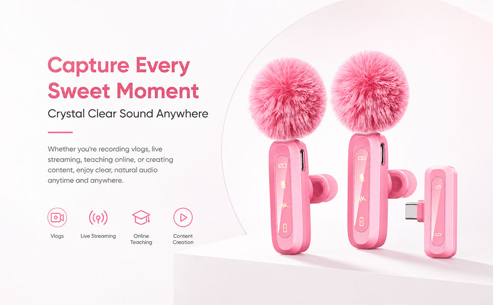 KoXeetech Pink Wireless Lavalier Microphone for iPhone/Android