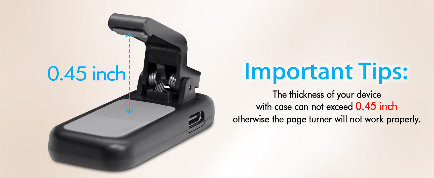 Text reads 'Important Tips:' and '0.45 inch'. Black mounting device shown with thickness limitation warning and measurement indicator.