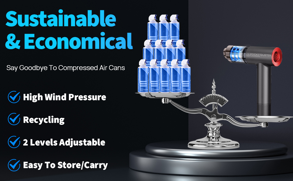 Compressed air duster with adjustable nozzle. Features high wind pressure, recycling, 2 levels adjustable, and easy to store/carry. Multiple cans shown in background.
