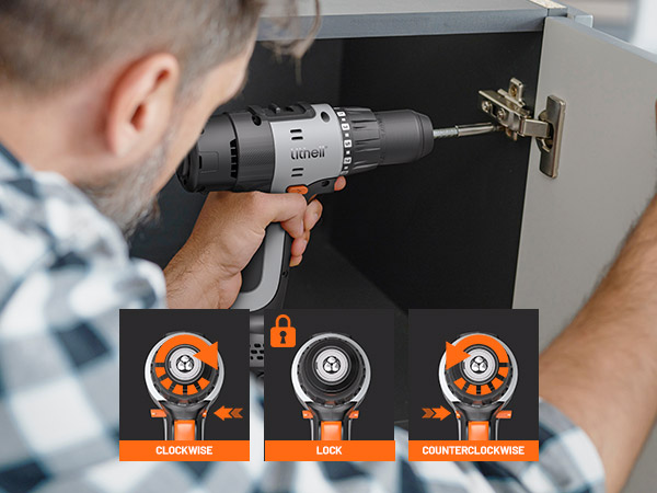 Handheld power drill in use, drilling into cabinet hinge. Below, three circular icons show drill rotation options: clockwise, lock, and counterclockwise.