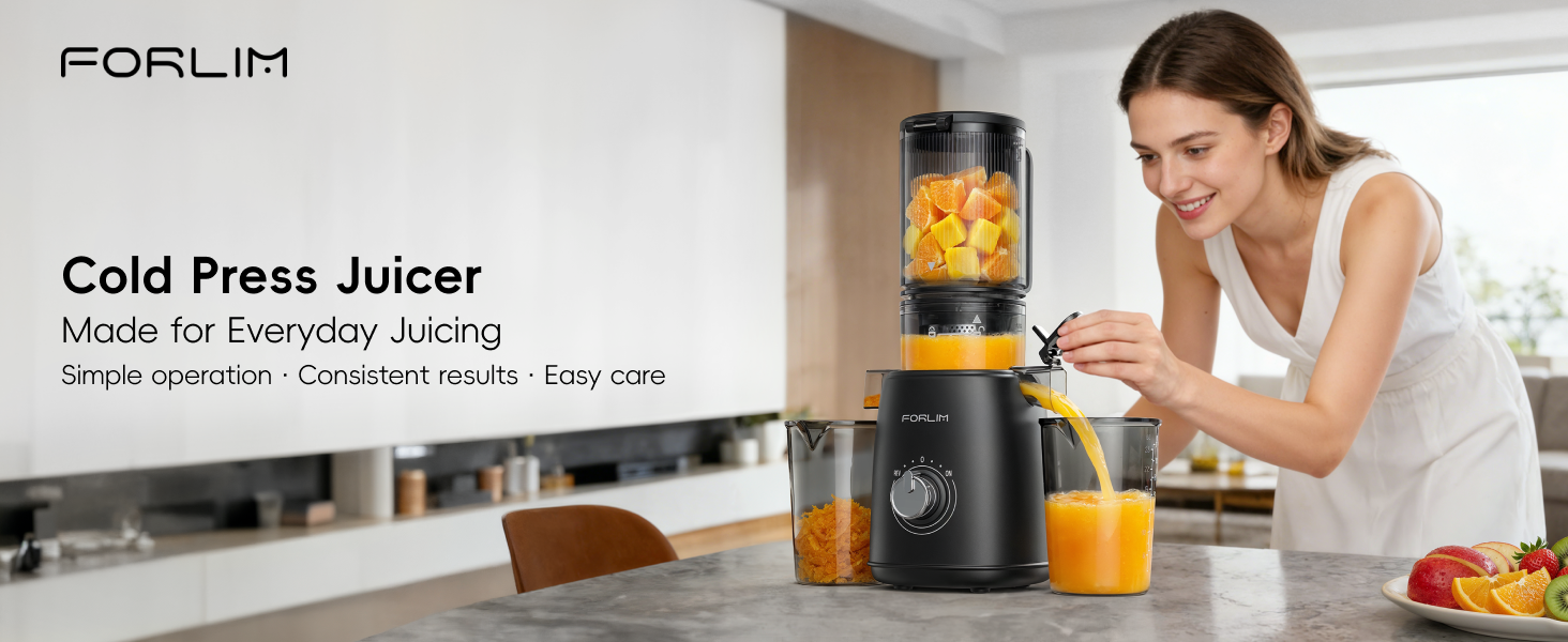Woman using a black FORLIM cold press juicer to make fresh orange juice in a modern kitchen