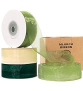Green &amp; Cream Ribbon Sheer Organza Ribbon 1 Inch x 75 Yds Emerald Green Sage Green Ribbon Clear T...