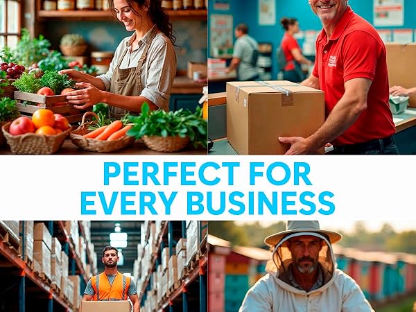 Text reads 'PERFECT FOR EVERY BUSINESS'. Multiple images of workers in retail and food service settings performing various tasks.