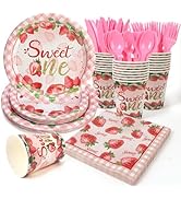 PCLMLES 168pcs Strawberry Paper Plates, Cups, Napkins, Knives, Forks and Spoons Berry First Birth...
