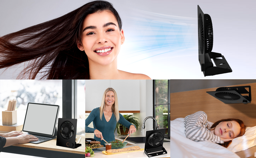 Collage showing a fan device in multiple usage scenarios including a desk setup with laptop, kitchen counter, and bedroom, demonstrating various applications.