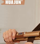 Text reads 'HUAJUN'. Another angle of hands using the gold-colored hair styling tool on hair strands.