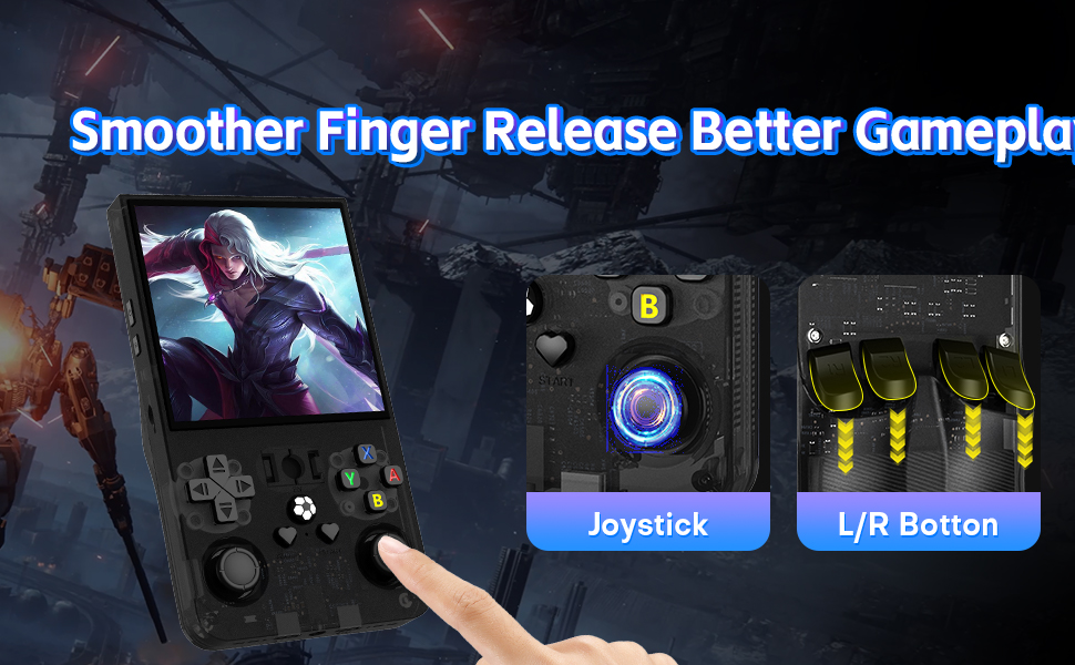 Text reads 'Smoother Finger Release Better Gameplay'. Gaming interface showing joystick and L/R button controls in dark setting with blue accent lighting.