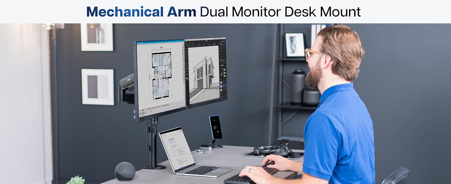 Pneumatic Arm Dual Monitor Desk Mount
