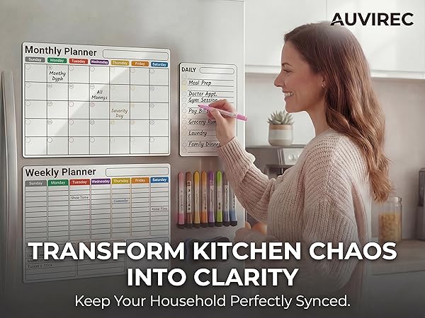 AUVIREC white magnetic dry erase calendar 3 piece set for fridge organization