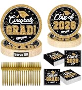 QZYL 200Pcs Graduation Party Supplies 2026, Black and Gold Graduation Plates and Napkins, Disposa...