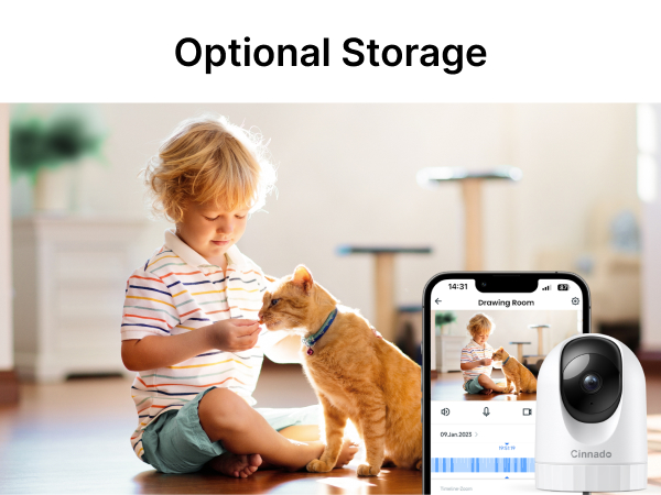 Indoor scene with child and cat, smartphone displaying camera feed. Text 'Optional Storage' suggests cloud storage feature for surveillance camera.