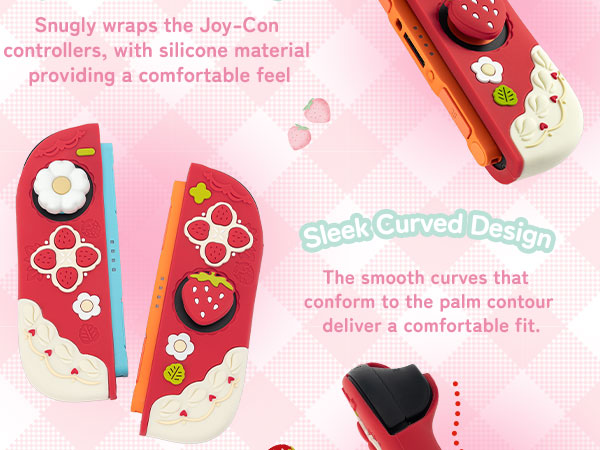 Text reads 'Snugly wraps the Joy-Con controllers, with silicone material providing a comfortable feel' and 'Sleek Curved Design'. Pink gaming controller accessories with strawberry designs.