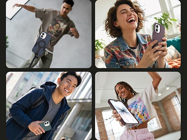 lifestyle images showing commuter case used for recording, video call, on the go, and dancing