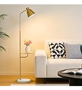 Gold Brushed Floor Lamp with Side Table for Living Room Bedroom, Modern Standing Lamp 12W LED 3-C...