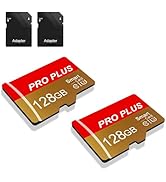 Multiple views of memory cards labeled 'PRO PLUS' with '128GB' capacity, showing gold and red color scheme from different angles.