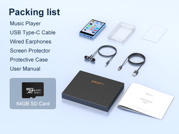 Music player package contents layout showing 64GB SD card, protective case, screen protector, USB Type-C cables, wired earphones, and user manual.