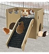 Cdycam Guinea Pig Castle Hideout, Wooden Hamster House with Stairs &amp; Mat,Small Animal House Hut H...
