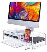 BEYGORM Acrylic Monitor Stand for Full Keyboard, 20" Wide 2-Tier Riser with Storage Shelf and Pho...