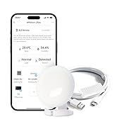 Product packaging and hardware showing a white electronic device with charging cable and accessories against white background.