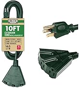 Cablectric 10 ft Outdoor Extension Cord 3 Outlet, 16/3 SJTW Weatherproof Multiple Plugs Green Ext...