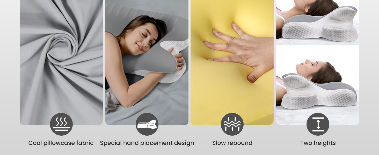 Composite image showcasing memory foam pillow features: cool fabric, ergonomic design, slow rebound, and two height options for customized support and comfort during sleep.