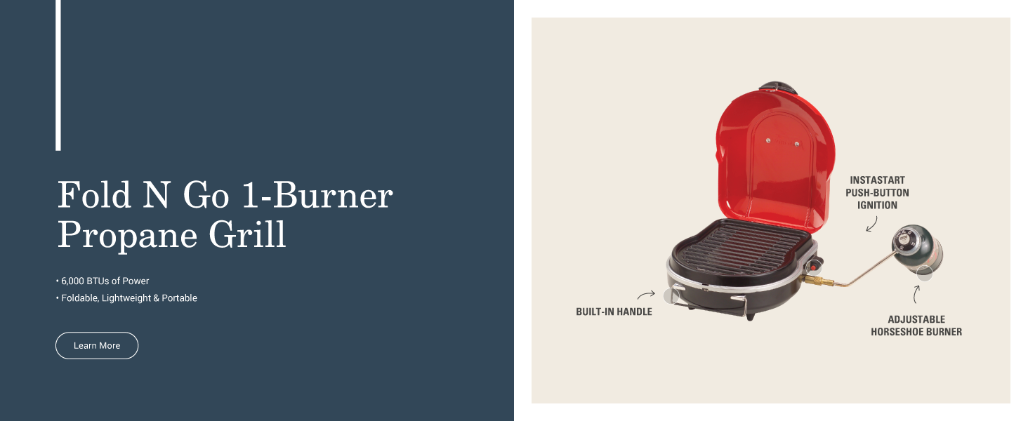 coleman fold n go one burner propane grill ignition burner handle camping power lightweight fold