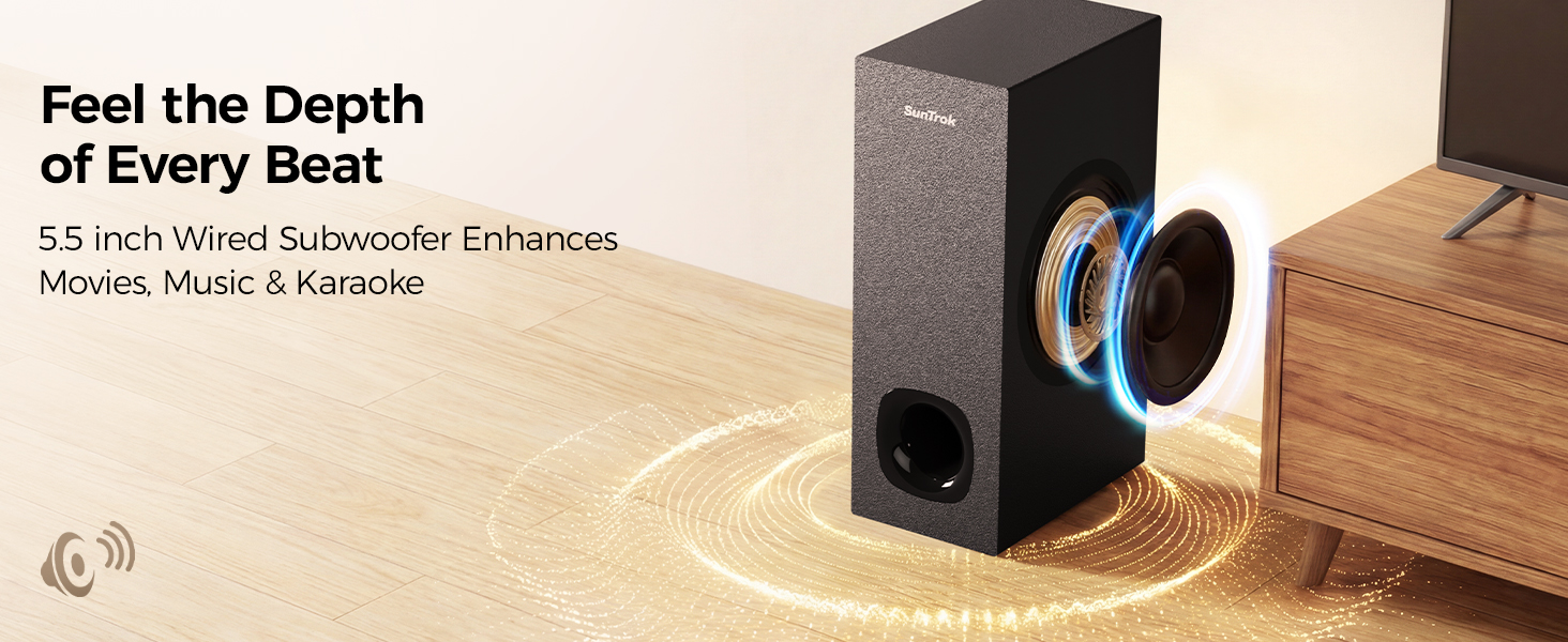 5.5-inch wired subwoofer delivers powerful bass to enhance movies, music, and karaoke