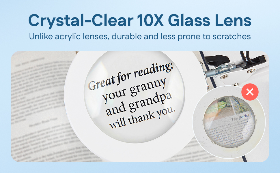 Close-up of a durable 10X glass lens on a light with magnifying glass.