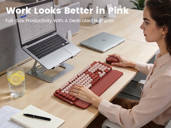 Wine red wireless keyboard mouse combo on desk with laptop stand wrist rest for daily work