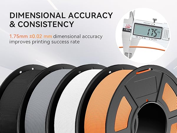 3D printer filament spools in black, grey, white, and orange colors, shown with digital caliper displaying 1.75mm dimensional accuracy measurement.