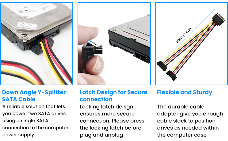 Male to Dual Female 90-Degree Angle with Locking Latch Power Extension Cable