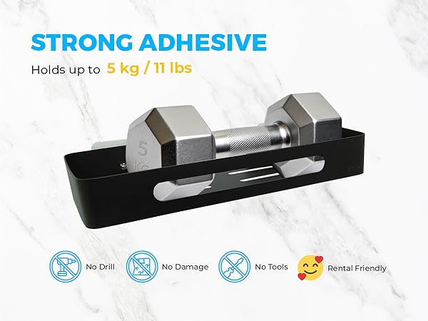 shower shelves with strong adhesive, no drill, no tools, no damage, it holds up to 5 kg / 11 lbs