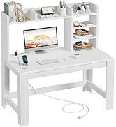 WINAZ White Computer Desk with Hutch and Power Outlet - 43 Inch Small Space Study Writing Table w...
