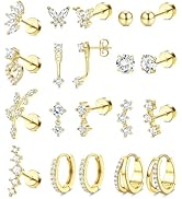 BESTEEL Hypoallergenic Flat Back Earrings for Women 14K Gold Plated Surgical Steel Stud Hoop Earr...
