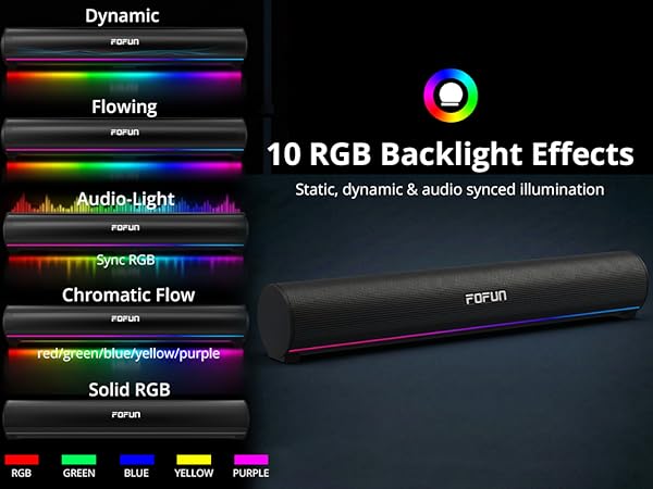 Text reads 'Dynamic', 'Flowing', 'Chromatic Flow', '10 RGB Backlight Effects'. Software interface showing different RGB lighting effect options with colorful gradient visualization bars.