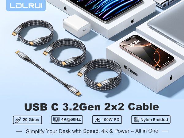 USB C to USB C 3.2Gen 2x2 cable 20Gbps data transfer, 4K 60HZ display monitor, 100W PD charging
