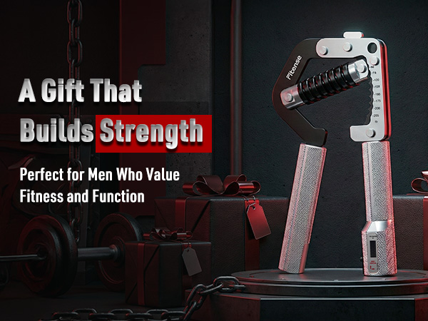 Text reads 'A Gift That Builds Strength', 'Perfect for Men Who Value Fitness and Function'. Series of marketing images showing gym equipment in dark, dramatic lighting.