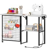 CHOEZON Folding Sewing Table with Charging Station, Sewing Machine Table with Shelf, Wire Baskets...