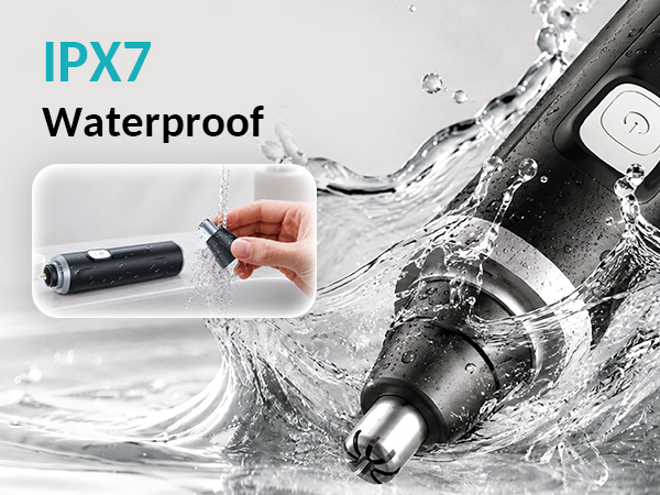 Text reads 'IPX7 Waterproof'. Black cylindrical device submerged in splashing water with metal reinforced bottom, demonstrating waterproof capability.