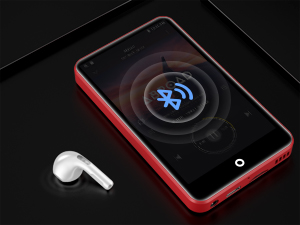 Red-framed smartphone displaying a Bluetooth icon interface, shown with a white wireless earbud against a black background.
