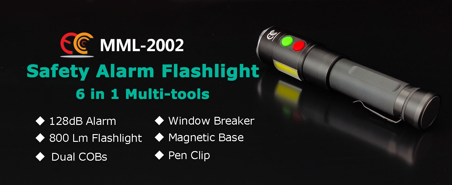 MML-2002 self defense flashlight rechargeable alarms USB C COB light