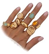 Lcineic 7Pcs Gold Chunky Crystal Dome Y2k Rings Set for Women Dainty Resin Huggie Hammered Silver...