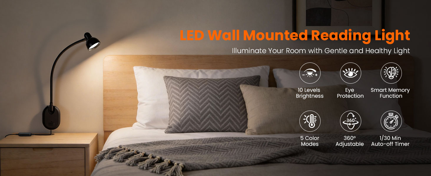 LED Wall Mounted Reading Light Book Light for Reading in Bed Wall Lamps for Bedside Reading Bedroom