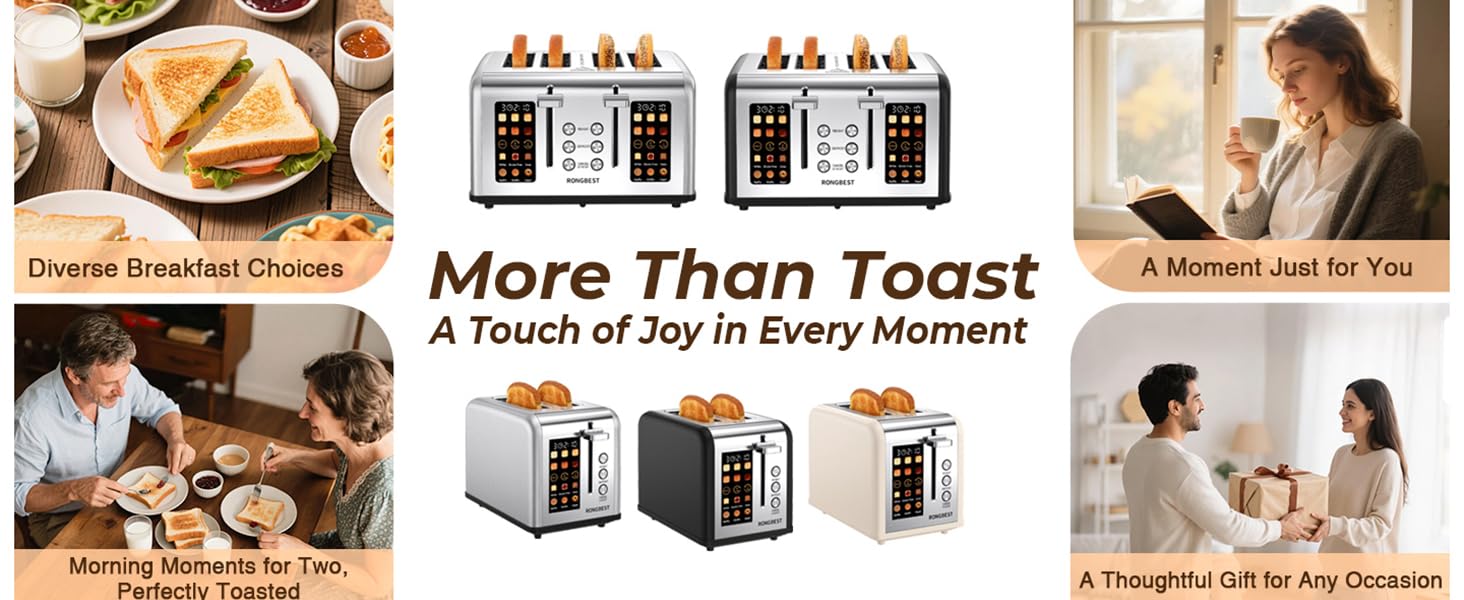 Touchscreen toaster used for breakfast, relaxing, sharing, and gifting.